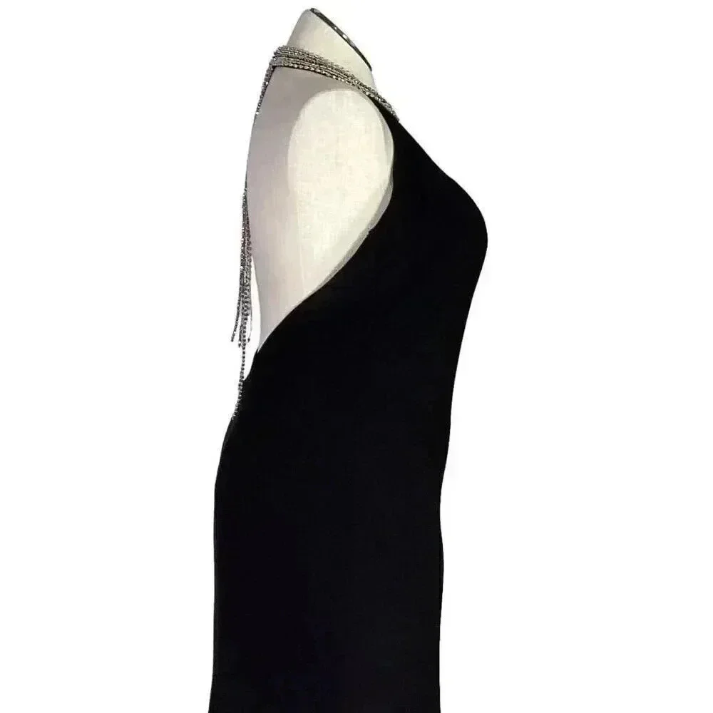 Mac Duggal Body Con Gown Dress Womens 12 Black Beaded Halter Jersey Maxi NEW